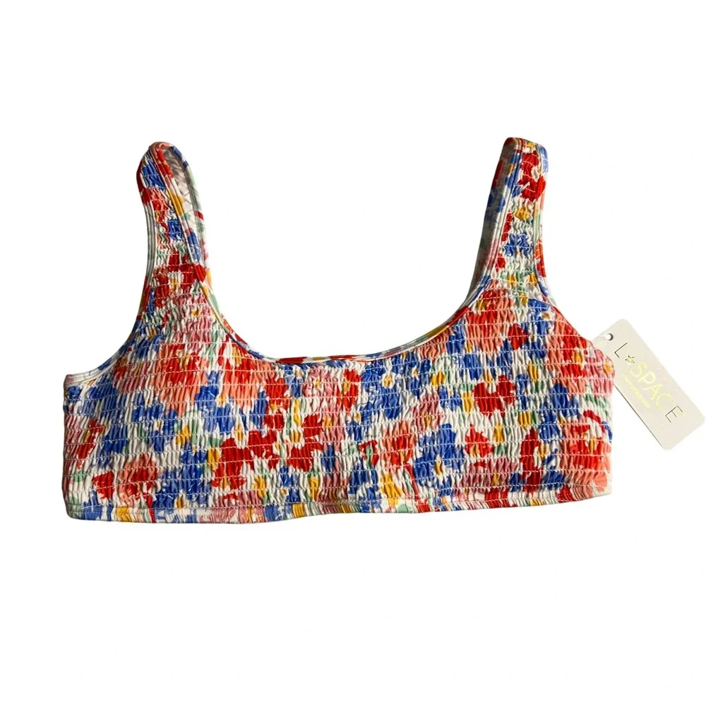 L*Space Izzy Smocked Bikini Top Size M Multicolor Floral Bralette Swimwear NWT